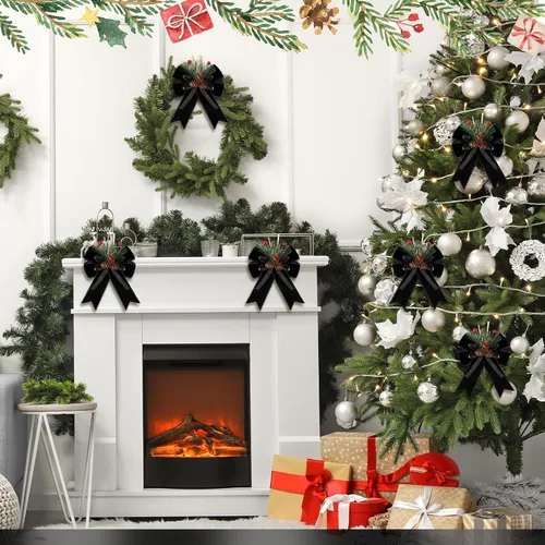 Vista 5 de Syhood - 6 lazos de Navidad a cuadros con piñas de pino, cintas de terciopelo negro, para corona de árbol de Navidad, decoración de fiestas