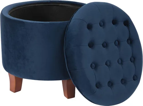 Vista 24 de HomePop Otomana tapizada redonda para almacenamiento Homepop Decoración del hogar Otomana redonda tapizada para reposapiés - Estampado Azul