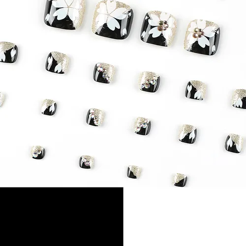 Vista 4 de Uñas postizas acrílicas artificiales negras para los dedos de los pies, ataúd a presión con diseños de flores blancas, uñas postizas reutilizables
