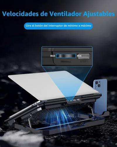 Vista 7 de AICHESON Almohadilla de enfriamiento para laptop de 12 a 15.6 pulgadas, 6 ventiladores más fríos con luces azules, soporte de enfriamiento
