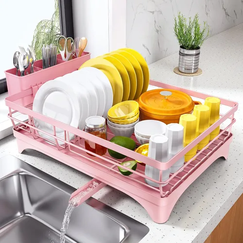 Vista 11 de SNTD Escurridor de platos para encimera de cocina - Escurridor grande con bandeja de drenaje, escurridor de platos a prueba de óxido con soporte