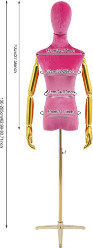 Vista 5 de Rose Red Velvet Dress Form Mannequin - Adjustable Height 63-80" Female Torso with Gold Tripod Stand & Detachable Base for Bridal Shop, Clothing