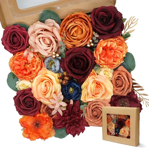 Vista 5 de Flores artificiales naranja, todas las flores falsas de seda champán con tallo para bricolaje, ramos de arco de boda, centros de mesa de despedida