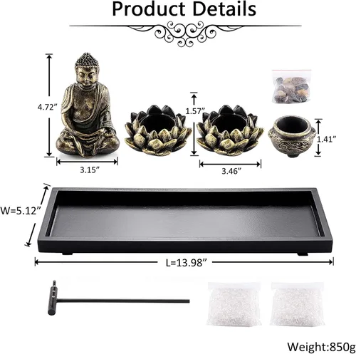 Vista 5 de Jovivi set de jardín zen con estatua de Buda, 2 portavelas de té de loto, mazo y rocas y cristales y quemador de incienso con soporte para varillas