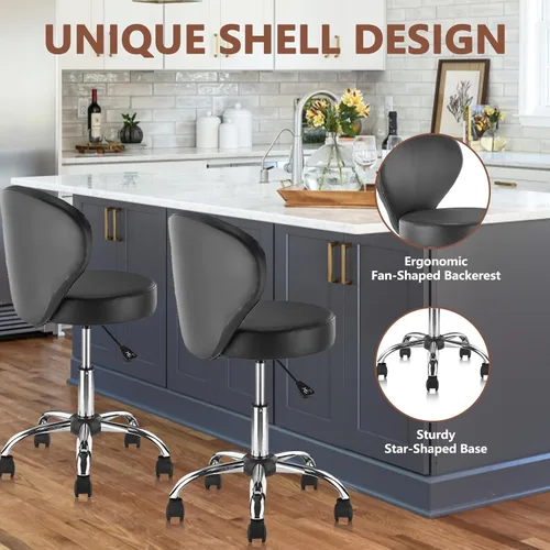 Vista 6 de KLASIKA Taburete giratorio ajustable con respaldo y ruedas, silla de escritorio de oficina multiusos, cojín de asiento grueso para el hogar, bar