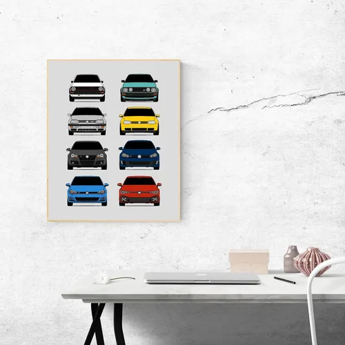 Vista 4 de Custom Car Posters Póster hecho a mano compatible con Volkswagen Golf GTI Generations e impresión de VW GTI (modelos de coche: MK1 a MK8)
