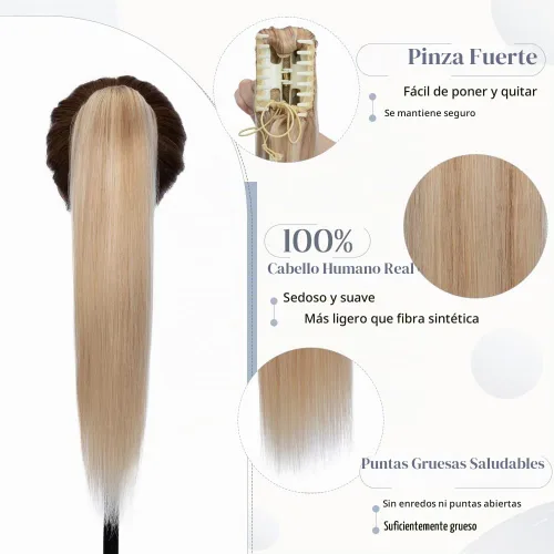Vista 3 de Rich Choices Extensión de cola de caballo con clip de garra, cabello humano real, una pieza, extensiones de cabello largo Remy para mujer, #18P613