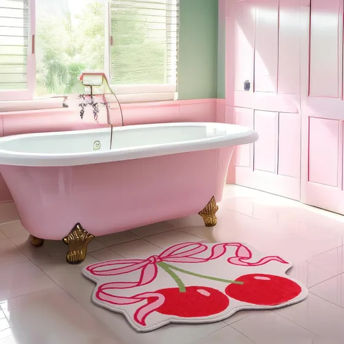 Vista 5 de Duraaamo Alfombra de baño con lazo de cereza de 23.6 x 21.3 pulgadas, bonito lazo rosa, decoración de baño, suave, antideslizante, absorbente