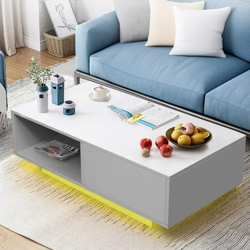 Vista 7 de COSVALVE Mesa de centro LED blanca brillante con 16 luces de colores, mesa auxiliar para sala de estar, moderna mesa de sofá brillante con cajón