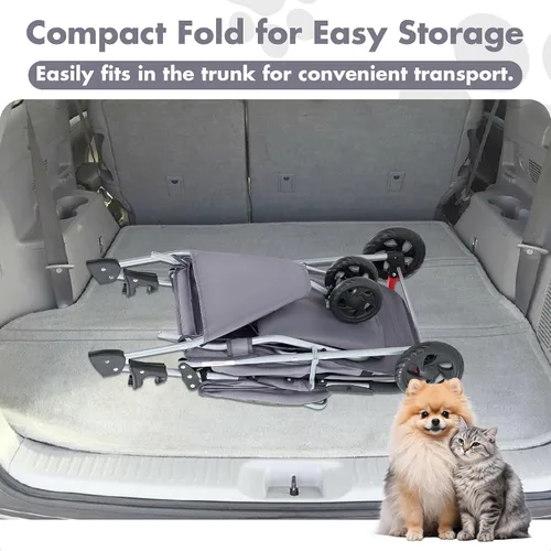 Vista 6 de DUMOS Cochecito de 3 ruedas para perros y gatos pequeños, cochecito plegable para perros con ventanas de malla, cesta de almacenamiento y soporte