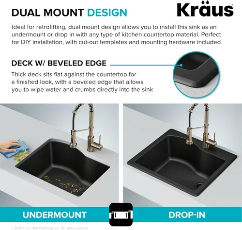 Vista 6 de KRAUS Quarza - Fregadero de cocina de granito de instalación empotrada/sobre encimera de un solo seno, 25 pulgadas, color negro, KGD-441BLACK