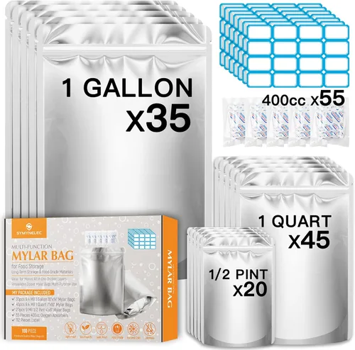 Vista 8 de Bolsas Mylar de 5 galones para almacenamiento de alimentos: paquete de 10 bolsas gruesas de larga duración con absorbentes de oxígeno, bolsa
