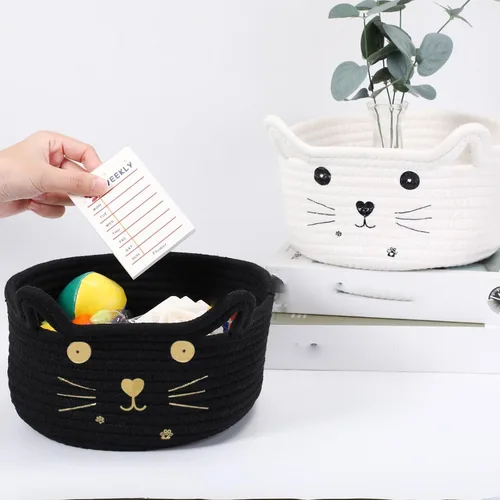 Vista 4 de Zopeal Cesta de almacenamiento tejida para gatos, organizador tejido con orejas, juguete decorativo de Navidad para mascotas, bonita canasta