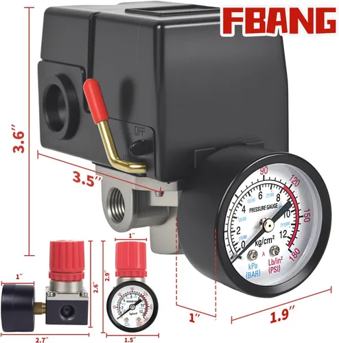 Vista 3 de Válvula de control del interruptor de presión del compresor de aire, regulador de presión 90-120PSI con conjunto de accesorios de manómetros