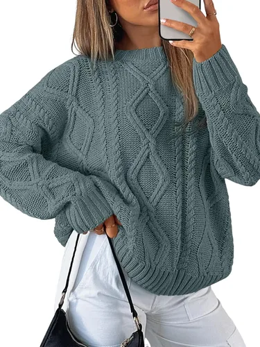 Vista 18 de Trendy Queen Suéteres de punto trenzado de gran tamaño para mujer, trajes Verde militar