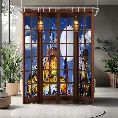 Vista 18 de Magic Castle - Cortina de ducha de castillo de cuento de hadas, decoración de baño, tela impermeable con ganchos, 36 x 72 pulgadas