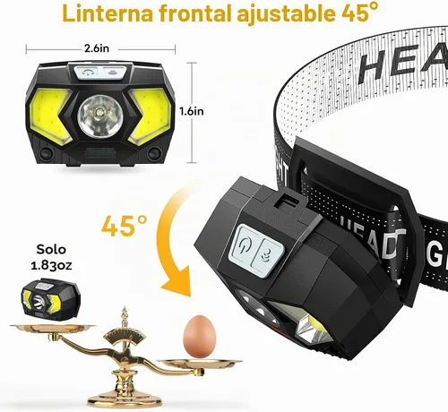 Vista 5 de Linterna frontal LED, lámpara de cabeza de 1500 lúmenes con 7 modos, luces de cabeza para frente con luz roja, luz de cabeza impermeable IPX5