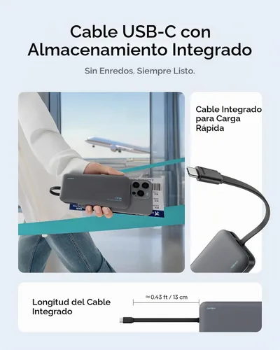 Vista 4 de CUKTECH Banco de energía de 20,000 mAh con cable USB-C integrado, cargador portátil de carga rápida PD de 40 W, batería de 3 puertos para iPhone