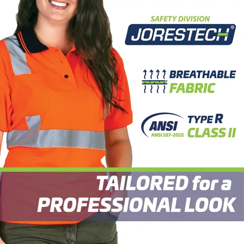 Vista 6 de JORESTECH Polo de alta visibilidad, ANSI clase 2, ropa de trabajo de seguridad, tela Birdseye con cinta reflectante