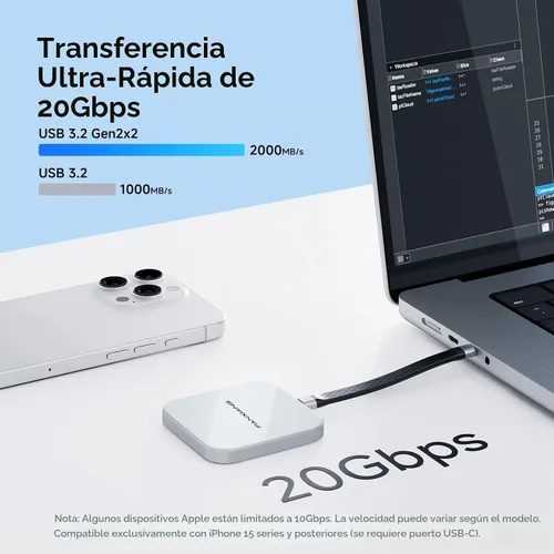 Vista 3 de SSD externo magnético de 500 GB, 2000 MB/s Tipo-C USB 3.2 Gen 2x2 SSD portátil, disco duro externo ultradelgado, grabación y almacenamiento 4K