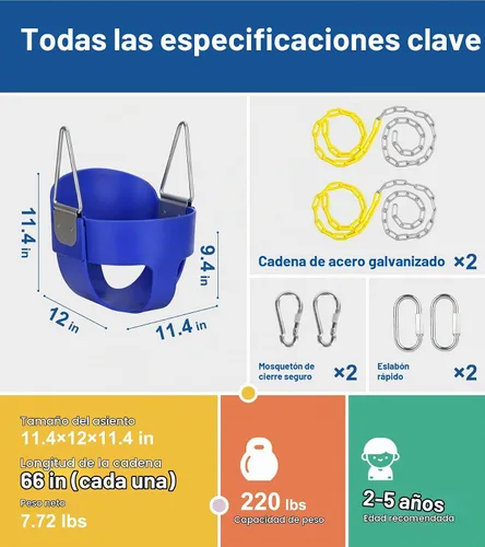 Vista 7 de Columpio de respaldo alto con cadenas recubiertas y protección triangular para mayor seguridad, columpio para bebé al aire libre con hebillas de Azul