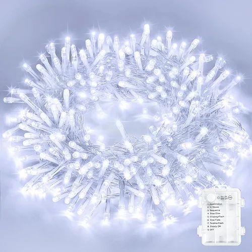 Vista 19 de LAMPHOME Luces de Navidad multicolor que funcionan con pilas, 34.1 pies, 100 luces LED impermeables de cadena para árbol de Navidad con 8 modos