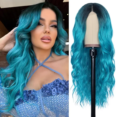 Vista 7 de NAYOO Peluca larga ondulada rubia ombré para mujer, de 26 pulgadas, parte media, rizada, ondulada, de aspecto natural, fibra sintética resistente al