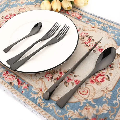 Vista 5 de Juego de cubiertos de acero inoxidable 304 de 20 piezas con cuchara de cuchillo para carne, color negro espejo, servicio para 4