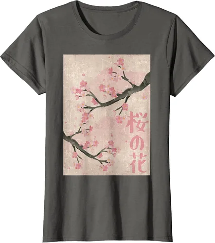 Vista 27 de Cherry Blossom Japanese Vintage Woodblock Japan Pink Sakura T-Shirt Asphalt Grey