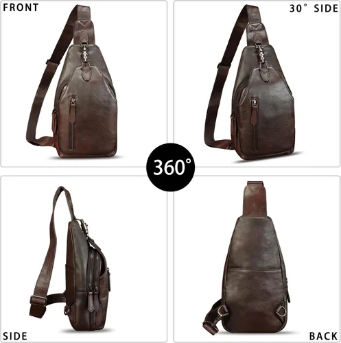 Vista 2 de Bolso de cuero genuino para mujeres y hombres, mochila bandolera de cuero real para el hombro, bolso cruzado en el pecho, Café