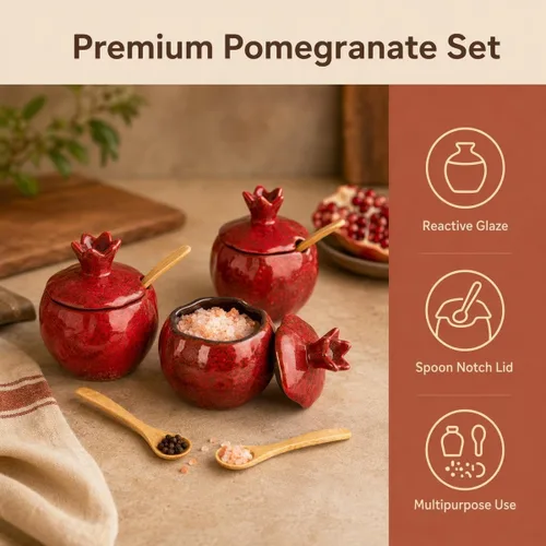 Vista 2 de Sal Bodega 2 PCS Cerámica Granada En Forma De Tazón De Sal Con Tapa Y Cuchara 2-pack ceramic pomegranate spice bowls with mottled red glaze, lids