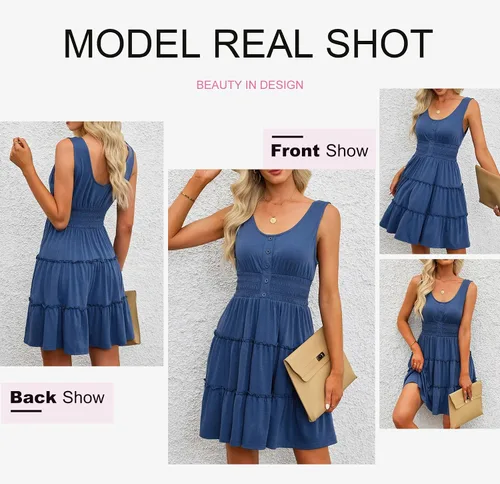 Vista 4 de Dokotoo Vestidos de verano para mujer, sin mangas, con botones, cintura elástica, volantes, escalonados, casual, con vuelo, mini vestido