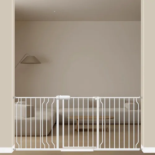 Vista 10 de ALLAIBB - Puerta de seguridad extra ancha de montaje a presión para bebés, autocierre, de metal blanco para niños, perros y mascotas, con pasillo