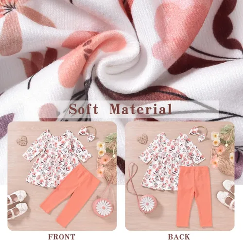 Vista 5 de Aalizzwell Conjunto de túnica floral para niñas pequeñas para otoño e invierno Naranja