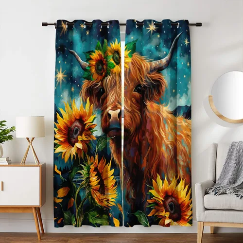 Vista 2 de HOSIMA Impresión 3D de pintura al óleo de las tierras altas de vaca y girasol cortinas para sala de estar, juego de 2 paneles de 45 pulgadas de Azul
