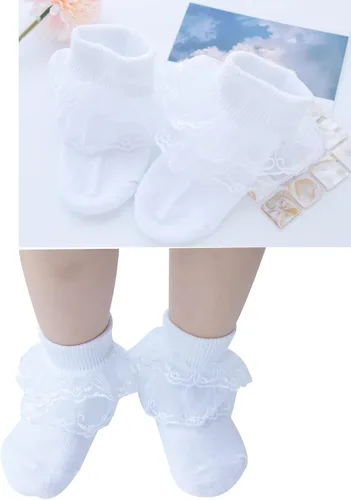 Vista 5 de Twtility Calcetines de encaje con volantes para niñas pequeñas, vestido de princesa, doble encaje de algodón con volantes blancos