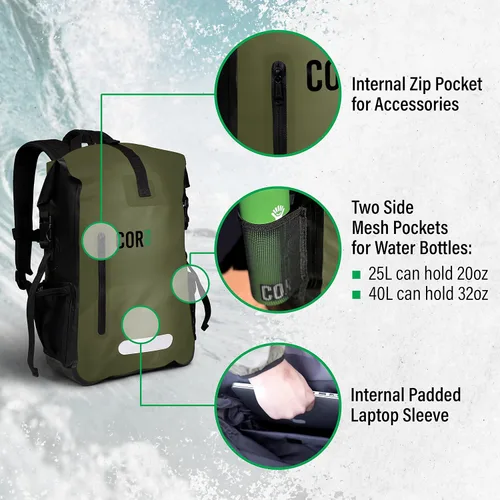Vista 4 de COR Surf Mochila Impermeable de Bolsa Seca con Funda Acolchada para Portátil de 25L y 40L Paquete Enrollable de Servicio Pesado, Camuflaje, 25 L