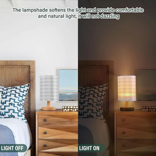 Vista 5 de Kigai Lámpara de mesa de cuadros azul para dormitorio, lámpara de noche LED para mesita de noche, lámpara de gingham, luz de guardería con puertos