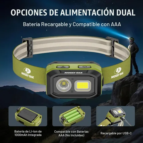 Vista 2 de Mossy Oak Linterna frontal LED de 600 lúmenes, fuente de alimentación dual, lámpara de cabeza con sensor de movimiento con base magnética