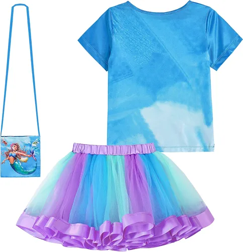 Vista 2 de ADREIT Conjunto de disfraz de sirena de cumpleaños para niñas con collar de corona, vestido de tutú arcoíris para fiesta de cumpleaños de Halloween