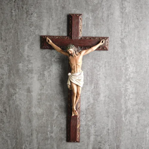 Vista 3 de Crucifijo católico BC de pared, cruz de Jesucristo, regalo religioso devoto, aspecto tallado en madera, 12 pulgadas de alto, pintado a mano por