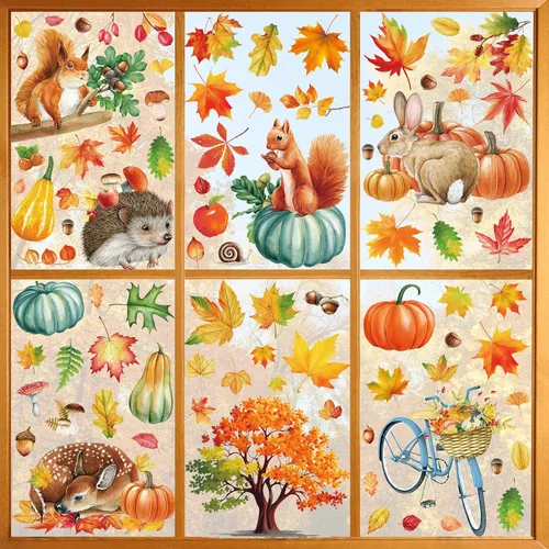 Vista 14 de 68 calcomanías de otoño para ventana, de doble cara, hojas de arce de otoño, calabaza, calcomanías para ventana, calcomanías para el hogar, oficina