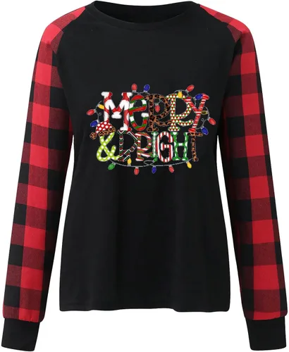 Vista 4 de MRGIINRI Suéter feo de Navidad para mujer 2023 invierno cálido raglán manga larga sudaderas Buffalo Plaid Navidad Tops