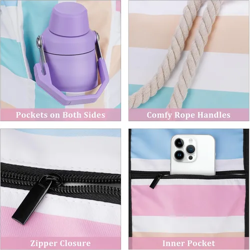 Vista 4 de Elegante bolsa de playa impermeable para mujer, cierre de cremallera de gran capacidad con correas de hombro de cuerda