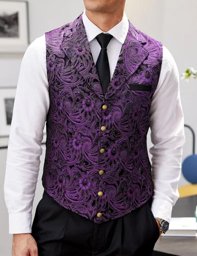 Vista 2 de COOFANDY Chaleco de traje con estampado de cachemira floral, estilo victoriano, gótico y steampunk, chaleco de esmoquin formal con solapas