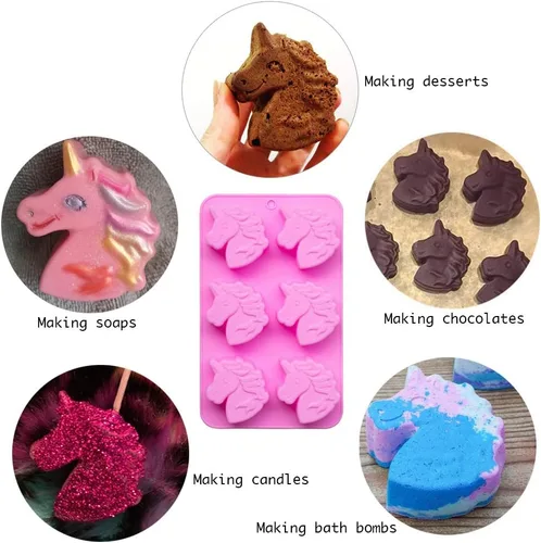 Vista 3 de Fewo Molde de silicona antiadherente con forma de unicornio de 6 cavidades, para tartas de fiesta, jabones, bombas de baño, chupitos de gelatina