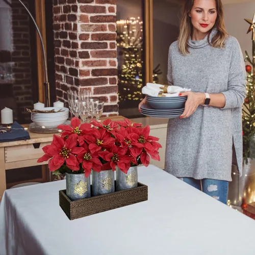 Vista 2 de Flores de Pascua artificiales de Navidad con luces LED, centro de mesa de Navidad rojo en macetas y caja de madera para decoración