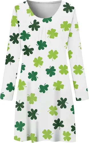 Vista 3 de Bonitos vestidos de jardín para mujer, de otoño e invierno, cuello redondo, manga larga, estampado del día de San Patricio