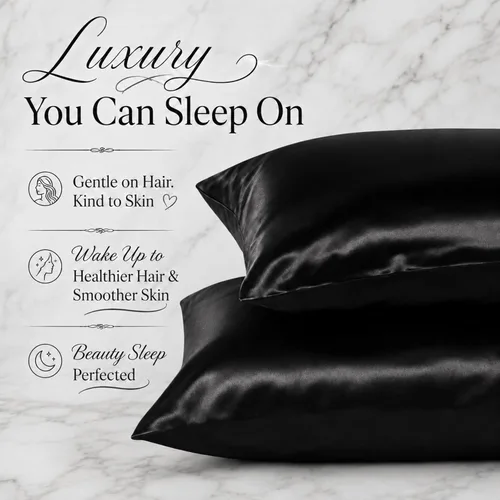 Vista 3 de Cathay Home Juego de accesorios de ropa de cama de satén, fundas de almohada, máscara de ojos, coleteros, suave como la seda, resistente a las Negro