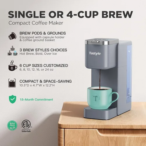 Vista 2 de Tastyle - Cafetera de una sola porción para tazas K y molidos con 3 estilos de preparación Gris